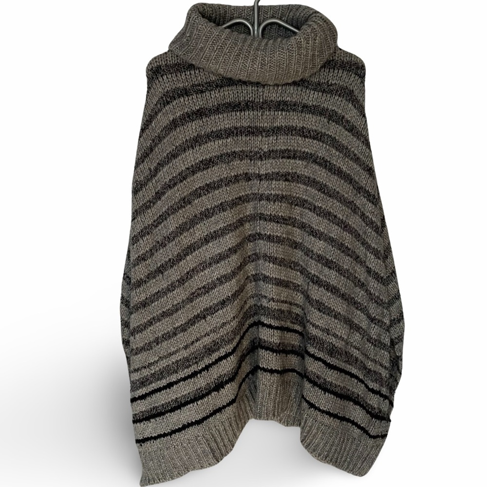 DKNY Pure, wool-alpaca blend knit gray black striped poncho, OS